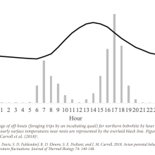 Figure 3. Percentage of off-bouts (foraging trips by an incubating quail) for northern bobwhite by hour over a 24-hour period. Average hourly surface temperatures near nests are represented by the overlaid black line. Figure and data reproduced from Carroll et al. (2018)a.