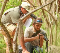 Two people in a wooded area examine camera equipment; one crouches while reviewing photos on a DSLR camera, and the other leans in from a tree branch holding a second camera and a sheet of paper, surrounded by green foliage.