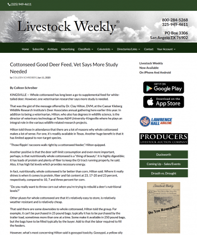 Cottonseed Good Deer Feed Vet Says More Study Needed Caesar Kleberg Wildlife Research Institute