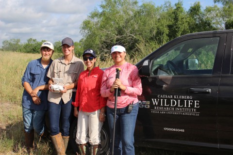 Four graduate students in outdoor field gear stand beside a black pickup truck labeled “Caesar Kleberg Wildlife Research Institute, Texas A&M University–Kingsville.” One person holds a drone controller, and another holds a field tool, with tall grass and trees in the background under a partly cloudy sky.
