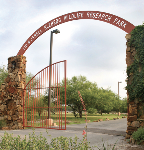 Entrance gate to the Tio & Janelle Kleberg Wildlife Research Park with a red arch and stone pillars surrounded by greenery.