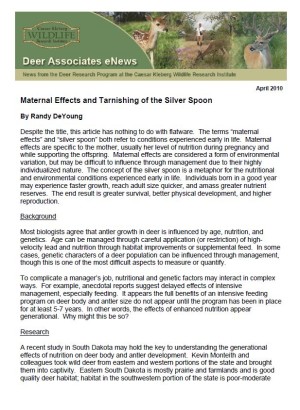 Deer eNews - Maternal Effects and Tarnishing of the Silver Spoon Deer eNews - Maternal Effects and Tarnishing of the Silver Spoon